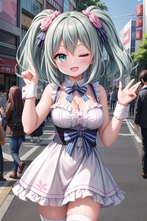 <lora:leftwink_v120:1.5>
insanely detailed, absurdres, ultra-highres, ultra-detailed, best quality,
1girl, solo, nice hands, perfect hands,
BREAK,
one eye closed, wink,
(wearing harajuku-style coordinate),
happy smile, laugh, open mouth,
dynamic pose, cowboy shot, looking at viewer,
BREAK,
slender, kawaii, perfect symmetrical face, ultra cute girl, ultra cute face, ultra detailed eyes, ultra detailed hair, ultra cute, ultra beautiful,
by Canon EOS, SIGMA Art Lens 35mm F1.4, ISO 200 Shutter Speed 2000,
in harajuku, shibuya, tokyo, street, crowd, cityscape,
large breasts, ,
BREAK,
(silver medium hair, dark green eyes), hair between eyes one eye closed, wink