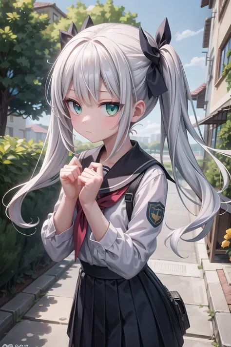 insanely detailed, absurdres, ultra-highres, ultra-detailed, best quality,
1girl, solo, nice hands, perfect hands,
BREAK,
wearing summer school uniform,
expressionless, closed mouth,
standing,
45 angle, cowboy shot, looking at viewer,
BREAK,
(tsurime:1.4),slender, kawaii, perfect symmetrical face, ultra cute girl, ultra cute face, ultra detailed eyes, ultra detailed hair, ultra cute, ultra beautiful,
by Canon EOS, SIGMA Art Lens 35mm F1.4, ISO 200 Shutter Speed 2000,
BREAK,
in a park,
silver hair, twintails, green eyes,