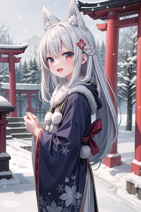 insanely detailed, absurdres, ultra-highres, ultra-detailed, best quality,
1girl, solo, nice hands, perfect hands,
BREAK
miko, hanfu, winter hanfu, cloak, (bare shoulder:-1.5), (cleavage:-1.5)
BREAK
happy smile, laugh, open mouth, standing,
from side,
cute pose, cowboy shot,
BREAK
slender, kawaii, perfect symmetrical face, ultra cute girl, ultra cute face, ultra detailed eyes, ultra detailed hair, ultra cute, ultra beautiful,
BREAK
japan, shrine, snowing, snowflake, snow, torii gate, stone steps, shrine architecture
BREAK
(white blue hair:1.2), very long hair, red eyes, two-tone hair, hair ornament, fox ears, fox tail, multiple tails,