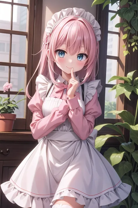 insanely detailed, absurdres, ultra-highres, ultra-detailed, best quality,
1girl, solo, nice hands, perfect hands,
BREAK
apron, blush, bow, bowtie, frilled apron, frills, long sleeves, maid, maid apron, maid headdress, waist apron, white apron
BREAK
smile, closed mouth
BREAK
finger to mouth, index finger raised, shushing, cowboy shot, looking at viewer,
BREAK
slender, kawaii, perfect symmetrical face, ultra cute girl, ultra cute face, ultra detailed eyes, ultra detailed hair, ultra cute, ultra beautiful,
BREAK
day, flower, ivy, leaf, indoors, open door, plant, potted plant, vines, window,
BREAK
white (pink:1.2) hair, green eyes, long hair, medium breasts, bangs, eyebrows visible through hair,