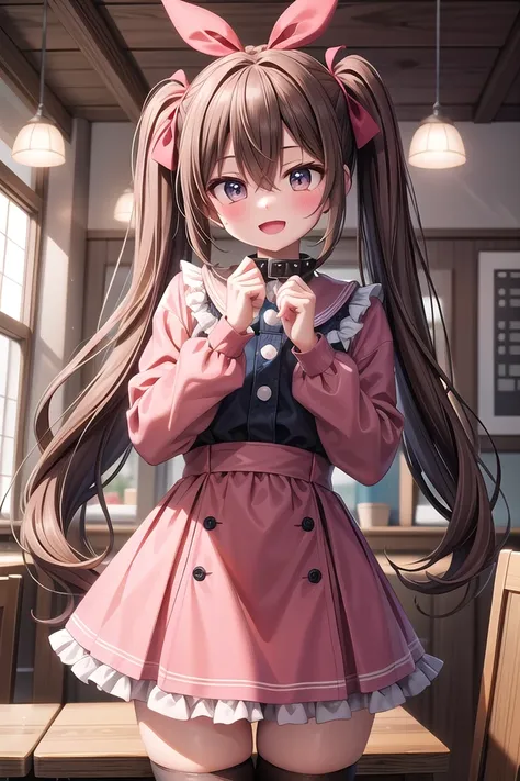 insanely detailed, absurdres, ultra-highres, ultra-detailed, best quality,
1girl, solo, nice hands, perfect hands
BREAK
jirai kei,thighhighs, skirt, twintails, pink skirt, collar, bow, black thighhighs, black bow, long hair, pink bow, hair bow, spiked collar
, (cleavage:-1.5)
BREAK
happy smile, laugh, open mouth
BREAK
45 angle,
standing, cowboy shot, looking at viewer
BREAK
slender, kawaii, perfect symmetrical face, ultra cute girl, ultra cute face, ultra detailed eyes, ultra detailed hair, ultra cute, ultra beautiful
BREAK
in restaurant, depth of field, ultra detailed background
BREAK
medium large breasts
BREAK
brown hair, brown eyes, topknot, hair between eyes