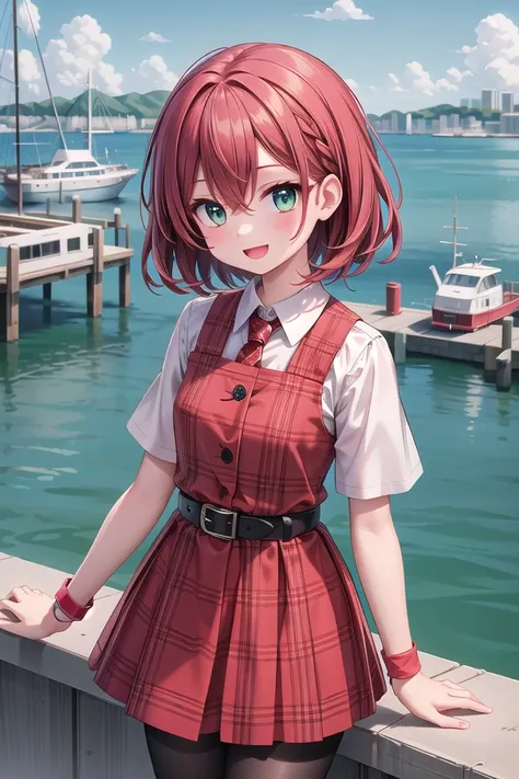 insanely detailed, absurdres, ultra-highres, ultra-detailed, best quality,
1girl, solo, nice hands, perfect hands
BREAK
(nsfw:-1.5),
(Enchant:1.4), (red theme:1.5), ((red plaid pattern, tone on tone):1.4), (idol uniform:1.2), (fusion of sleeveless (red plaid pattern) vest and red sundress:1.4), (red tie:1.4), ((red plaid pattern) multi-layered skirt with ruffles:1.3), ((red:1.3) platform HIGH boots:1.1), (red plaid pattern ribbon on head:1.3)
BREAK
(short sleeve white collared-shirt dress layering:1.2), (black pantyhose:1.2), (belt:1.3), (wristband:1.3), (naked skin:-1), (black vest:-1), (white vest:-1), (black skirt:-1), (white skirt:-1), (cleavage:-1.5)
BREAK
happy smile, laugh, open mouth,
from above,
cute pose, cowboy shot, looking at viewer
BREAK
slender, kawaii, perfect symmetrical face, ultra cute girl, ultra cute face, ultra detailed eyes, ultra detailed hair, ultra cute, ultra beautiful
BREAK
(bay, sea, harbor, bay side:1.4), (cityscape in tokyo:1.3), buildings, day, blue sky, panorama view, outdoor, (indoors:-1.3), (day:1.3), (evening:-1.5), (night:-1.5), depth of field, ultra detailed background, (very wide, panorama view, sense of depth, magnificent view:1.3)
BREAK
medium large breasts
BREAK
red hair, green eyes, messy hair, hair between eyes