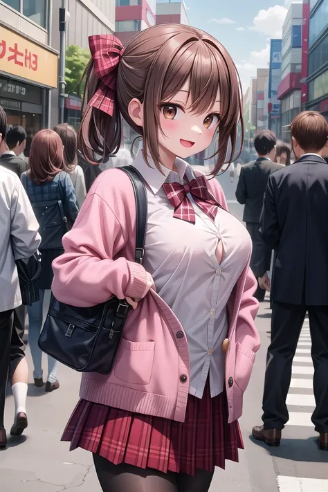 insanely detailed, absurdres, ultra-highres, ultra-detailed, best quality,
1girl, solo, nice hands, perfect hands
BREAK
(School Uniforms:1.2), (pink cardigan is fit body:1.4), ((do up a buttons, not loose):1.5), ((long sleeve, sleeves past wrists):1.2), (inner wear is white collared-shirt:1.3), (red plaid-pattern bow:1.3), (red plaid-pattern pleated skirt:1.3), ((dark-brown pantyhose, loafers):1.2)
BREAK
happy smile, laugh, open mouth, standing,
from side,
cute pose, cowboy shot
BREAK
slender, kawaii, perfect symmetrical face, ultra cute girl, ultra cute face, ultra detailed eyes, ultra detailed hair, ultra cute, ultra beautiful
BREAK
in harajuku, shibuya, tokyo, street, crowd, cityscape
BREAK
medium large breasts,
(brown hair, brown eyes), hime cut