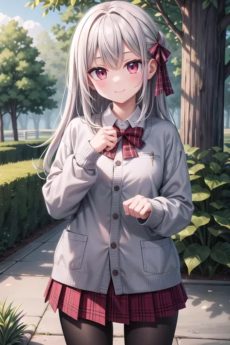 insanely detailed, absurdres, ultra-highres, ultra-detailed, best quality,
1girl, solo, nice hands, perfect hands
BREAK
(School Uniforms:1.2), (pink cardigan is fit body:1.4), ((do up a buttons, not loose):1.5), ((long sleeve, sleeves past wrists):1.2), (inner wear is white collared-shirt:1.3), (red plaid-pattern bow:1.3), (red plaid-pattern pleated skirt:1.3), ((dark-brown pantyhose, loafers):1.2)
, (cleavage:-1.5)
BREAK
happy smile, laugh, closed mouth
BREAK
(45 angle:-1.5), (from side:-1.5),
standing, cowboy shot, looking at viewer
BREAK
slender, kawaii, perfect symmetrical face, ultra cute girl, ultra cute face, ultra detailed eyes, ultra detailed hair, ultra cute, ultra beautiful
BREAK
in forest, depth of field, ultra detailed background
BREAK
medium large breasts
BREAK
(grey hair, red eyes), spiked hair,