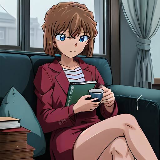 Anime girl sitting on a couch holding a cup of coffee - SeaArt AI