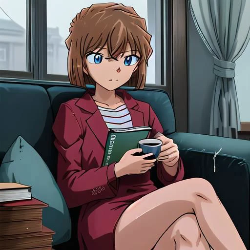 Create an image of 1girl, brown hair,short hair,blue eyes, haibaratv, anime screencap, sitting comfortably on a plush couch. She is engrossed in reading a book, holding a cup of coffee in one hand. The scene is set in a cozy room with ambient lighting, and through the window in the background, depict a rainy nighttime atmosphere. Capture the tranquil and introspective mood of haibaratv as she enjoys her book and coffee on a rainy evening