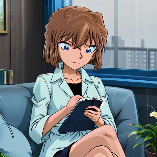 Create an image of 1girl, brown hair,short hair,blue eyes, haibaratv, anime screencap, sitting comfortably on a plush couch. She is engrossed in reading a book, holding a cup of coffee in one hand. The scene is set in a cozy room with ambient lighting, and through the window in the background, depict a rainy nighttime atmosphere. Capture the tranquil and introspective mood of haibaratv as she enjoys her book and coffee on a rainy evening