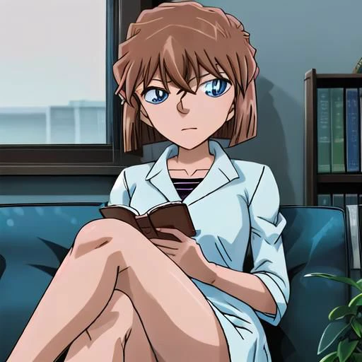 Create an image of 1girl, brown hair,short hair,blue eyes, haibaratv, anime screencap, sitting comfortably on a plush couch. She is engrossed in reading a book, holding a cup of coffee in one hand. The scene is set in a cozy room with ambient lighting, and through the window in the background, depict a rainy nighttime atmosphere. Capture the tranquil and introspective mood of haibaratv as she enjoys her book and coffee on a rainy evening