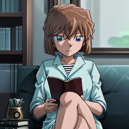 Create an image of 1girl, brown hair,short hair,blue eyes, haibaratv, anime screencap, sitting comfortably on a plush couch. She is engrossed in reading a book, holding a cup of coffee in one hand. The scene is set in a cozy room with ambient lighting, and through the window in the background, depict a rainy nighttime atmosphere. Capture the tranquil and introspective mood of haibaratv as she enjoys her book and coffee on a rainy evening