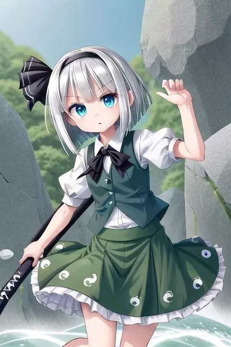 1girl, konpaku youmu, flat chest, silver hair, blue eyes, black ribbon, short sleeves, green vest, green skirt, rocks, looking at viewer