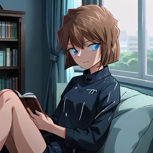 Create an image of 1girl, brown hair,short hair,blue eyes, haibaratv, anime screencap, sitting comfortably on a plush couch. She is engrossed in reading a book, holding a cup of coffee in one hand. The scene is set in a cozy room with ambient lighting, and through the window in the background, depict a rainy nighttime atmosphere. Capture the tranquil and introspective mood of haibaratv as she enjoys her book and coffee on a rainy evening