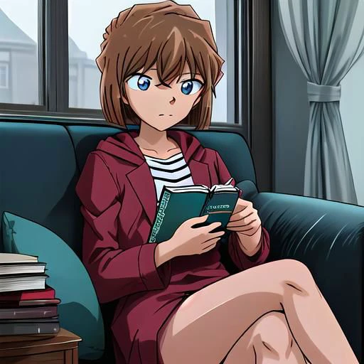 Create an image of 1girl, brown hair,short hair,blue eyes, haibaratv, anime screencap, sitting comfortably on a plush couch. She is engrossed in reading a book, holding a cup of coffee in one hand. The scene is set in a cozy room with ambient lighting, and through the window in the background, depict a rainy nighttime atmosphere. Capture the tranquil and introspective mood of haibaratv as she enjoys her book and coffee on a rainy evening