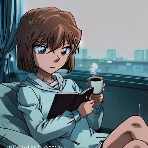 Create an image of 1girl, brown hair,short hair,blue eyes, haibaratv, anime screencap, sitting comfortably on a plush couch. She is engrossed in reading a book, holding a cup of coffee in one hand. The scene is set in a cozy room with ambient lighting, and through the window in the background, depict a rainy nighttime atmosphere. Capture the tranquil and introspective mood of haibaratv as she enjoys her book and coffee on a rainy evening