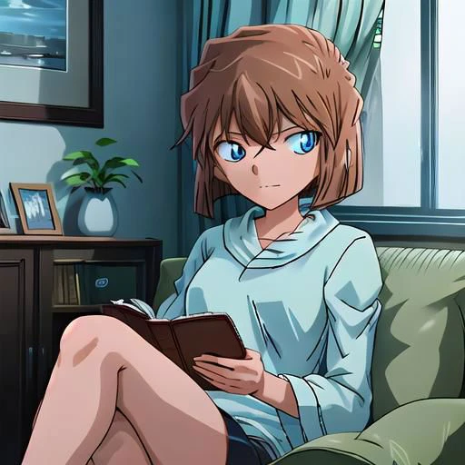 Create an image of 1girl, brown hair,short hair,blue eyes, haibaratv, anime screencap, sitting comfortably on a plush couch. She is engrossed in reading a book, holding a cup of coffee in one hand. The scene is set in a cozy room with ambient lighting, and through the window in the background, depict a rainy nighttime atmosphere. Capture the tranquil and introspective mood of haibaratv as she enjoys her book and coffee on a rainy evening