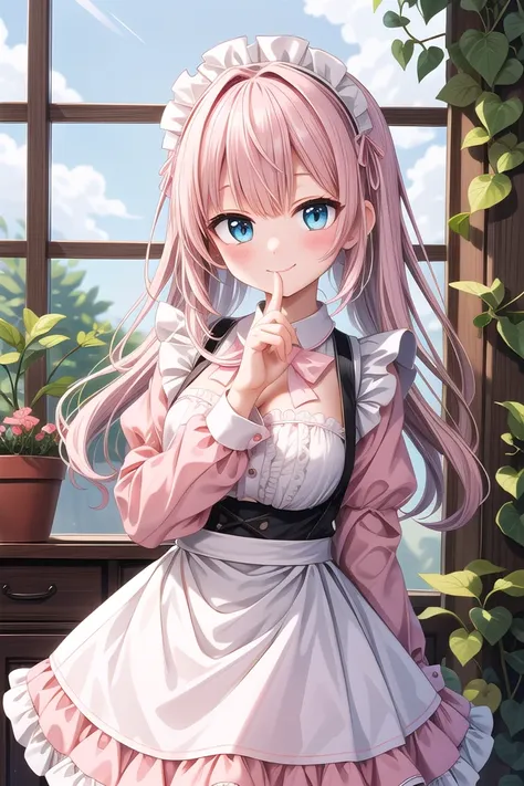 insanely detailed, absurdres, ultra-highres, ultra-detailed, best quality,
1girl, solo, nice hands, perfect hands,
BREAK
apron, blush, bow, bowtie, frilled apron, frills, long sleeves, maid, maid apron, maid headdress, waist apron, white apron
BREAK
smile, closed mouth
BREAK
finger to mouth, index finger raised, shushing, cowboy shot, looking at viewer,
BREAK
slender, kawaii, perfect symmetrical face, ultra cute girl, ultra cute face, ultra detailed eyes, ultra detailed hair, ultra cute, ultra beautiful,
BREAK
day, flower, ivy, leaf, indoors, open door, plant, potted plant, vines, window,
BREAK
white (pink:1.2) hair, green eyes, long hair, medium breasts, bangs, eyebrows visible through hair,