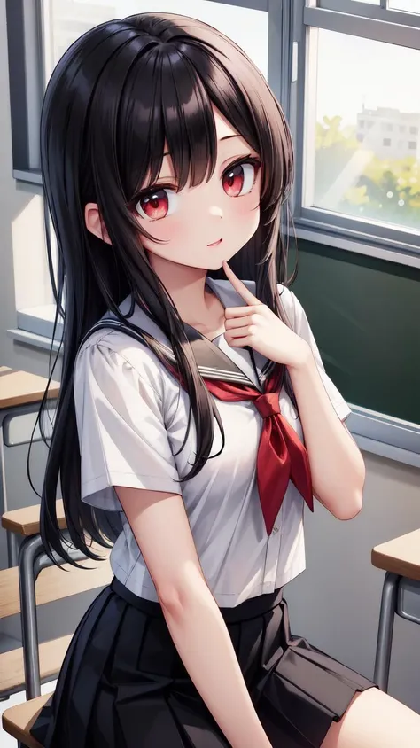 ,(masterpiece),(highres),(high quality),(beautiful illustration),
,(cute girl:1.2),(solo),(skinny),(petite girl),
,(black hair:1.2),(red eyes:1.2),(long hair:1.2),
,(school uniform),(white shirt),(black skirt),
,(indoors),(classroom), 
,(looking at viewer),