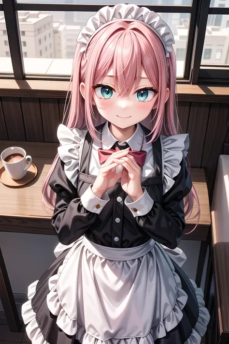 insanely detailed, absurdres, ultra-highres, ultra-detailed, best quality,
1girl, solo, nice hands, perfect hands
BREAK
(cleavage:-1.5),
(classical maid:1.2),
apron, blush, bow, bowtie, frilled apron, frills, long sleeves, maid, maid apron, maid headdress, waist apron, white apron,
(maid costume, maid hair dress:1.3), long skirt
BREAK
happy smile, laugh, closed mouth
BREAK
from above,
standing, cowboy shot, looking at viewer
BREAK
slender, kawaii, perfect symmetrical face, ultra cute girl, ultra cute face, ultra detailed eyes, ultra detailed hair, ultra cute, ultra beautiful
BREAK
in coffee shop, indoors, depth of field, ultra detailed background
BREAK
medium breasts
BREAK
(pink hair, dark green eyes), long hair, hair between eyes