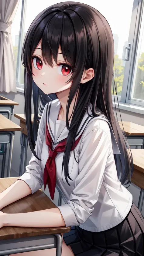 ,(masterpiece),(highres),(high quality),(beautiful illustration),
,(cute girl:1.2),(solo),(skinny),(petite girl),
,(black hair:1.2),(red eyes:1.2),(long hair:1.2),
,(school uniform),(white shirt),(black skirt),
,(indoors),(classroom), 
,(looking at viewer),