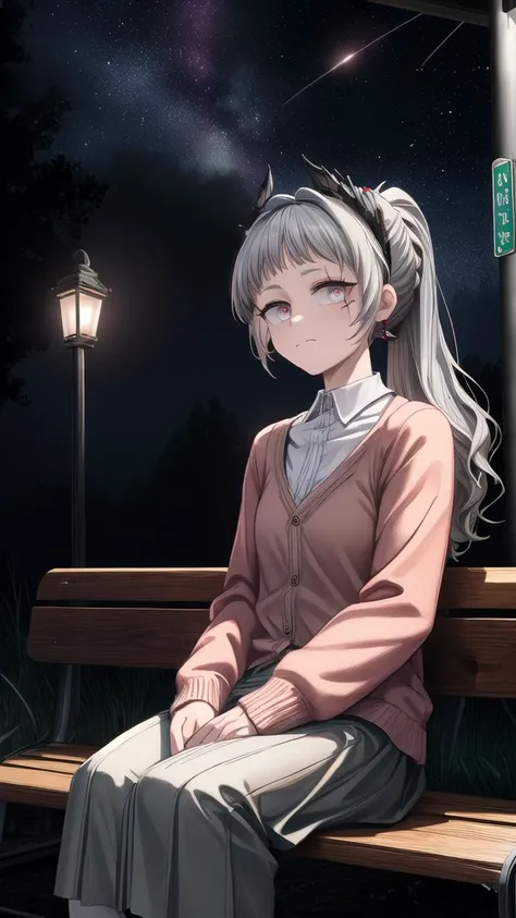 (8k uhd, masterpiece, best quality, high quality, absurdres, ultra-detailed), 1girl,
ponytail, silver hair, red iris, circular iris, grey eyes, looking at viewer, ((closed mouth,sad, wavy mouth,)),
(cardigan),
(bus stop,forest background, dark atmosphere, stars, starry sky,), long skirt,sitting, waiting bench,photo background,lamppost,
,<lora:more_details:0.4> ,<lora:irene-000010:1> ,<lyco:lowkey_v1.1:0.8>,