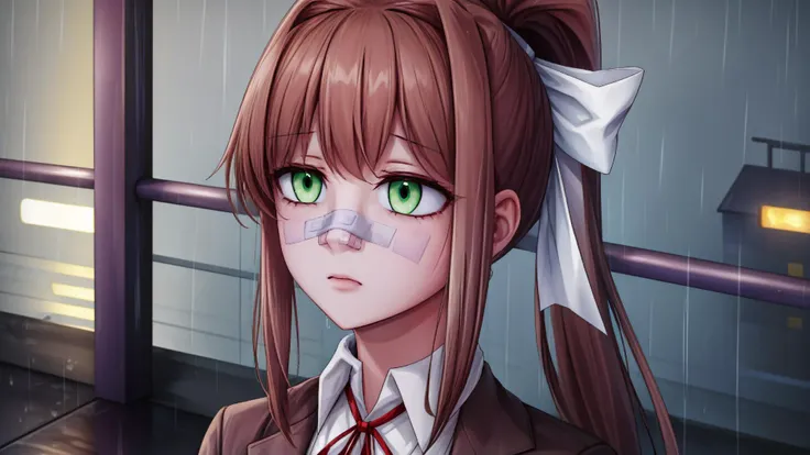masterpiece, ,absurdres, pretty face, 1girl,
<lora:ddlc:1> school uniform, blazer, brown sweater, collared shirt, neck ribbon, blue skirt, monika, green eyes, brown hair, very long hair, ponytail, hair ribbon, white ribbon,
<lora:yllicft:1> yllicft, solo, rain, bandaid on face, bandaid on nose, looking up