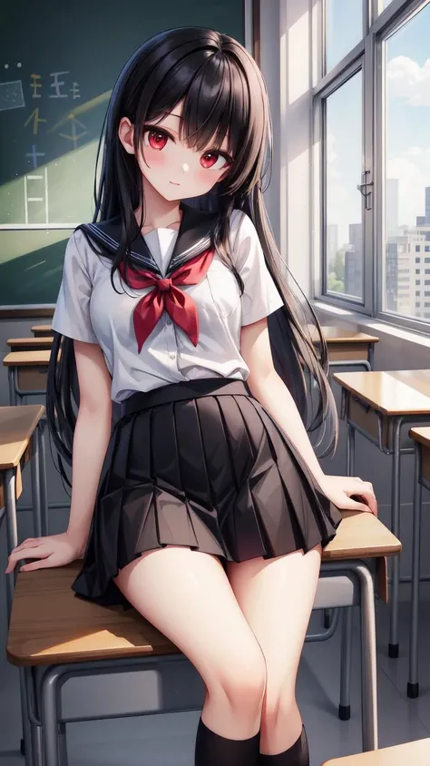 ,(masterpiece),(highres),(high quality),(beautiful illustration),
,(cute girl:1.2),(solo),(skinny),(petite girl),
,(black hair:1.2),(red eyes:1.2),(long hair:1.2),
,(school uniform),(white shirt),(black skirt),
,(indoors),(classroom),
,(looking at viewer),
