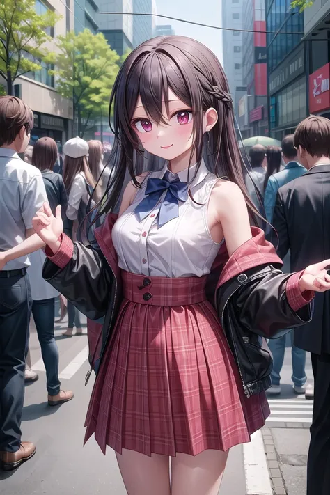 insanely detailed, absurdres, ultra-highres, ultra-detailed, best quality,
1girl, solo, nice hands, perfect hands,
BREAK
jirai kei,plaid skirt, shirt, long sleeves, bow, blue skirt, white shoulder frilly shirt, outdoors, blue bow, long hair
BREAK
happy smile, laugh, closed mouth, standing,
,
cute pose, cowboy shot,
BREAK
slender, kawaii, perfect symmetrical face, ultra cute girl, ultra cute face, ultra detailed eyes, ultra detailed hair, ultra cute, ultra beautiful,
BREAK
in harajuku, shibuya, tokyo, street, crowd, cityscape,
BREAK
medium breasts,
(black hair, red eyes), hair between eyes