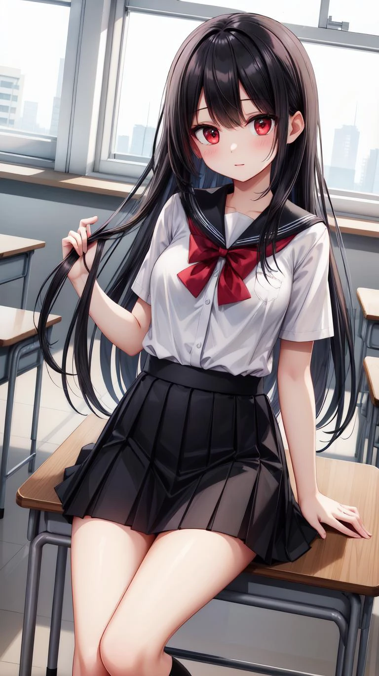 ,(masterpiece),(highres),(high quality),(beautiful illustration),
,(cute girl:1.2),(solo),(skinny),(petite girl),
,(black hair:1.2),(red eyes:1.2),(long hair:1.2),
,(school uniform),(white shirt),(black skirt),
,(indoors),(classroom), 
,(looking at viewer),