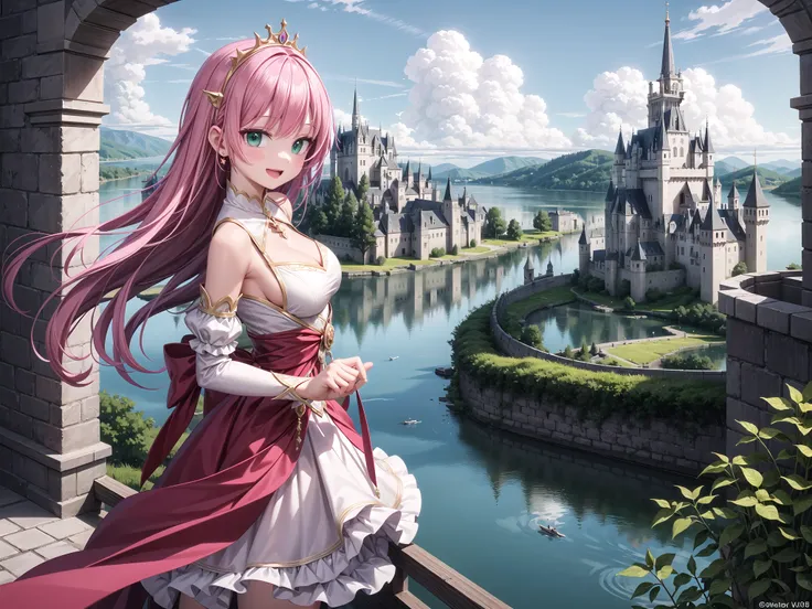 insanely detailed, absurdres, ultra-highres, ultra-detailed, best quality,
1 girl, solo, nice hands, perfect hands,
BREAK,
(wearing princess dress), teara,
happy smile, laugh, open mouth,
standing,
from side, cowboy shot, looking at viewer,
BREAK,
slender, kawaii, perfect symmetrical face, ultra cute girl, ultra cute face, ultra detailed eyes, ultra detailed hair, ultra cute, ultra beautiful,
BREAK,
fantasy world, (castle in background, lake:1.3), (very wide, panorama view, sense of depth, magnificent view:1.3)
BREAK,
princess girl, pink hair, green eyes, medium breasts