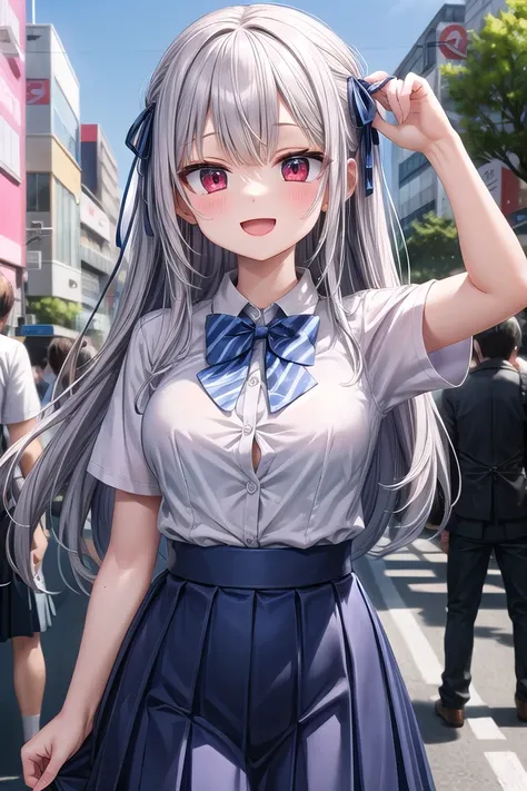 insanely detailed, absurdres, ultra-highres, ultra-detailed, best quality,
1girl, solo, nice hands, perfect hands,
BREAK
summer school uniform with indigo blue bowtie, (short sleeves, dark blue skirt, pleated skirt:1.3), (indigo blue:1.3) bowtie, (white shirt:1.3), shirt with white button, (skirt with many pleats:1.4), plain shirt, plain skirt, (striped bowtie:1.3), shirt_tucked_in 
BREAK
happy smile, laugh, open mouth, standing,
(45 angle:-1.5), (from side:-1.5),
cute pose, cowboy shot,
BREAK
slender, kawaii, perfect symmetrical face, ultra cute girl, ultra cute face, ultra detailed eyes, ultra detailed hair, ultra cute, ultra beautiful,
BREAK
in harajuku, shibuya, tokyo, street, crowd, cityscape,
BREAK
medium large breasts,
(grey hair, red eyes),