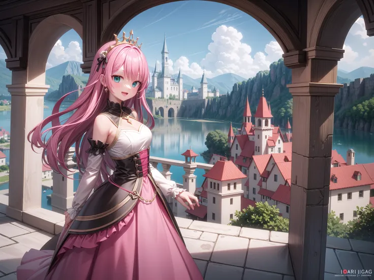 insanely detailed, absurdres, ultra-highres, ultra-detailed, best quality,
1 girl, solo, nice hands, perfect hands,
BREAK,
(wearing princess dress), teara,
happy smile, laugh, open mouth,
standing,
from side, cowboy shot, looking at viewer,
BREAK,
slender, kawaii, perfect symmetrical face, ultra cute girl, ultra cute face, ultra detailed eyes, ultra detailed hair, ultra cute, ultra beautiful,
BREAK,
fantasy world, (castle in background, lake:1.3), (very wide, panorama view, sense of depth, magnificent view:1.3)
BREAK,
princess girl, pink hair, green eyes, medium breasts