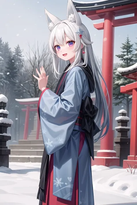 insanely detailed, absurdres, ultra-highres, ultra-detailed, best quality,
1girl, solo, nice hands, perfect hands,
BREAK
miko, hanfu, winter hanfu, cloak, (bare shoulder:-1.5), (cleavage:-1.5)
BREAK
happy smile, laugh, open mouth, standing,
from side,
cute pose, cowboy shot,
BREAK
slender, kawaii, perfect symmetrical face, ultra cute girl, ultra cute face, ultra detailed eyes, ultra detailed hair, ultra cute, ultra beautiful,
BREAK
japan, shrine, snowing, snowflake, snow, torii gate, stone steps, shrine architecture
BREAK
(white blue hair:1.2), very long hair, red eyes, two-tone hair, hair ornament, fox ears, fox tail, multiple tails,