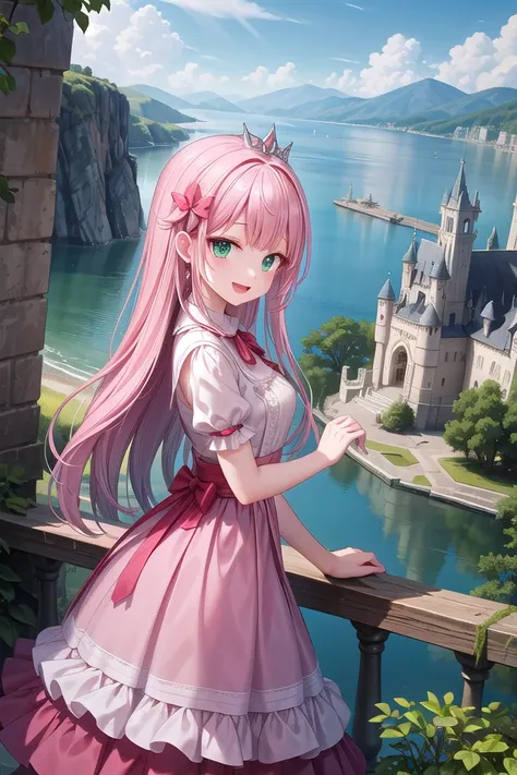 insanely detailed, absurdres, ultra-highres, ultra-detailed, best quality,
1 girl, solo, nice hands, perfect hands,
BREAK,
(wearing princess dress), teara,
happy smile, laugh, open mouth,
standing,
from side, cowboy shot, looking at viewer,
BREAK,
slender, kawaii, perfect symmetrical face, ultra cute girl, ultra cute face, ultra detailed eyes, ultra detailed hair, ultra cute, ultra beautiful,
BREAK,
fantasy world, (castle in background, lake:1.3), (very wide, panorama view, sense of depth, magnificent view:1.3)
BREAK,
princess girl, pink hair, green eyes, medium breasts