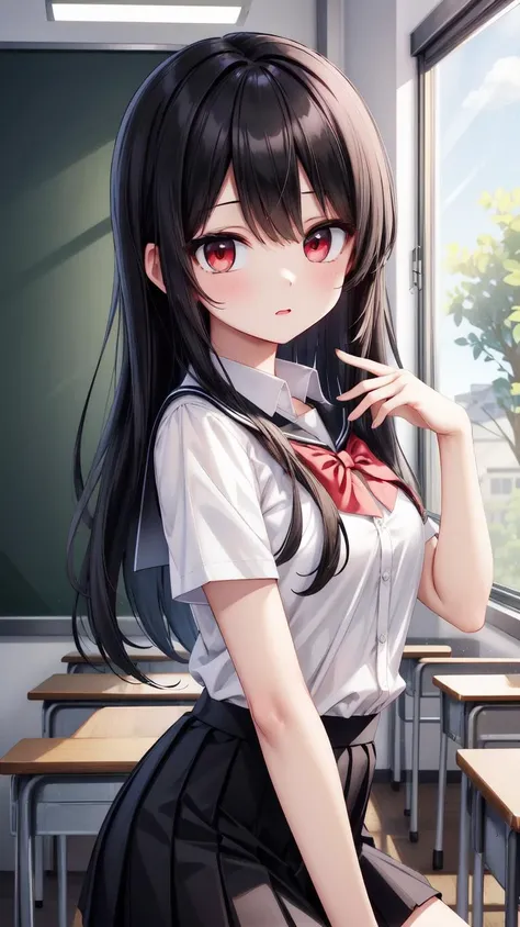 ,(masterpiece),(highres),(high quality),(beautiful illustration),
,(cute girl:1.2),(solo),(skinny),(petite girl),
,(black hair:1.2),(red eyes:1.2),(long hair:1.2),
,(school uniform),(white shirt),(black skirt),
,(indoors),(classroom),
,(looking at viewer),