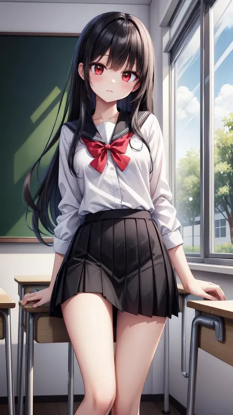 ,(masterpiece),(highres),(high quality),(beautiful illustration),
,(cute girl:1.2),(solo),(skinny),(ite girl),
,(black hair:1.2),(red eyes:1.2),(long hair:1.2),
,(school uniform),(white shirt),(black skirt),
,(indoors),(classroom), 
,(looking at viewer),