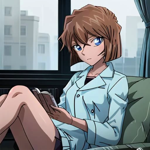 Create an image of 1girl, brown hair,short hair,blue eyes, haibaratv, anime screencap, sitting comfortably on a plush couch. She is engrossed in reading a book, holding a cup of coffee in one hand. The scene is set in a cozy room with ambient lighting, and through the window in the background, depict a rainy nighttime atmosphere. Capture the tranquil and introspective mood of haibaratv as she enjoys her book and coffee on a rainy evening