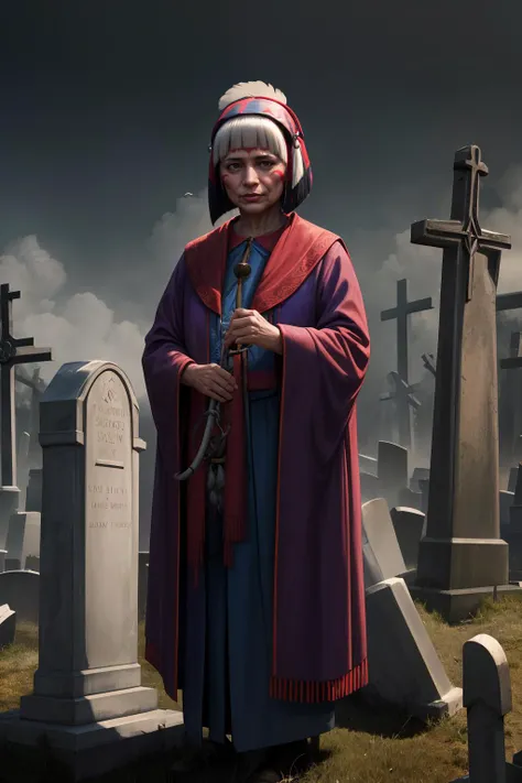 (high quality, best quality, highres, absurdres, masterpiece:1.2), (dystopian america, native american:1), (old woman, 1girl, solo, wincing face:1), (focused jester:1), (sexy attire:1), (gradient_hair, long_hair, bob_cut:1), (chubby body:1), (on top of atmospheric graveyard:1.1), (standing:1),