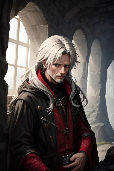 (high quality, best quality, highres, absurdres, masterpiece:1.2), (utopian northern europe, scandinavian, norse :1), ( older man, 1boy, solo, shy face:1), (genuine alchemist:1), (wearing rags:1), (multicolored_hair, long_hair, drill_hair:1), (frail body:1), (beside quaint cave:1.1), (waiting:1),