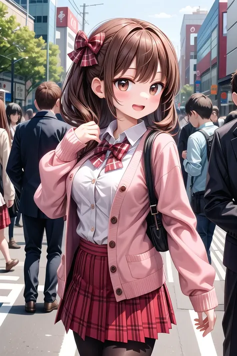 insanely detailed, absurdres, ultra-highres, ultra-detailed, best quality,
1girl, solo, nice hands, perfect hands
BREAK
(School Uniforms:1.2), (pink cardigan is fit body:1.4), ((do up a buttons, not loose):1.5), ((long sleeve, sleeves past wrists):1.2), (inner wear is white collared-shirt:1.3), (red plaid-pattern bow:1.3), (red plaid-pattern pleated skirt:1.3), ((dark-brown pantyhose, loafers):1.2)
BREAK
happy smile, laugh, open mouth, standing,
from side,
cute pose, cowboy shot
BREAK
slender, kawaii, perfect symmetrical face, ultra cute girl, ultra cute face, ultra detailed eyes, ultra detailed hair, ultra cute, ultra beautiful
BREAK
in harajuku, shibuya, tokyo, street, crowd, cityscape
BREAK
medium large breasts,
(brown hair, brown eyes), hime cut