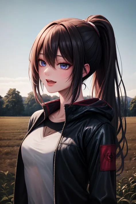 (high quality, best quality, highres, absurdres, masterpiece:1.2), (cyberpunk america, american:1), (young woman, 1girl, solo, ahegao face:1), (intelligent wizard:1), (basic clothes:1), (gradient_hair, medium_hair, high_ponytail:1), (fit body:1), (on top of mystical farm:1.1), (laughing:1),