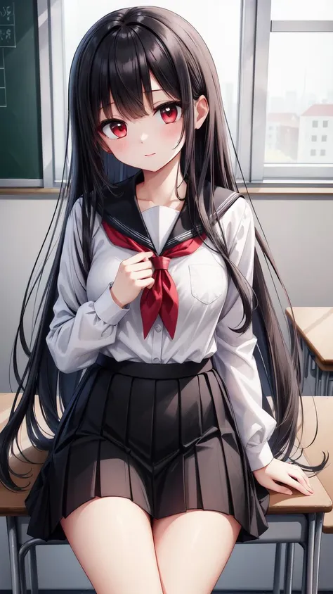 ,(masterpiece),(highres),(high quality),(beautiful illustration),
,(cute girl:1.2),(solo),(skinny),(petite girl),
,(black hair:1.2),(red eyes:1.2),(long hair:1.2),
,(school uniform),(white shirt),(black skirt),
,(indoors),(classroom), 
,(looking at viewer),