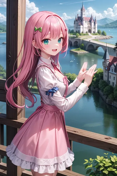 insanely detailed, absurdres, ultra-highres, ultra-detailed, best quality,
1 girl, solo, nice hands, perfect hands,
BREAK,
(wearing princess dress), teara,
happy smile, laugh, open mouth,
standing,
from side, cowboy shot, looking at viewer,
BREAK,
slender, kawaii, perfect symmetrical face, ultra cute girl, ultra cute face, ultra detailed eyes, ultra detailed hair, ultra cute, ultra beautiful,
BREAK,
fantasy world, (castle in background, lake:1.3), (very wide, panorama view, sense of depth, magnificent view:1.3)
BREAK,
princess girl, pink hair, green eyes, medium breasts