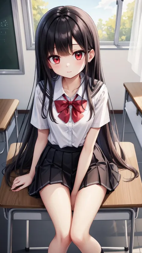 ,(masterpiece),(highres),(high quality),(beautiful illustration),
,(cute girl:1.2),(solo),(skinny),(petite girl),
,(black hair:1.2),(red eyes:1.2),(long hair:1.2),
,(school uniform),(white shirt),(black skirt),
,(indoors),(classroom), 
,(looking at viewer),