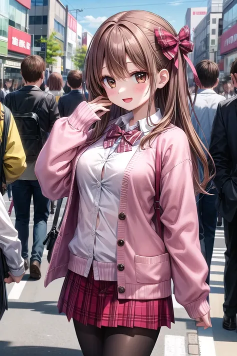 insanely detailed, absurdres, ultra-highres, ultra-detailed, best quality,
1girl, solo, nice hands, perfect hands,
BREAK
(School Uniforms:1.2), (pink cardigan is fit body:1.4), ((do up a buttons, not loose):1.5), ((long sleeve, sleeves past wrists):1.2), (inner wear is white collared-shirt:1.3), (red plaid-pattern bow:1.3), (red plaid-pattern pleated skirt:1.3), ((dark-brown pantyhose, loafers):1.2) 
BREAK
happy smile, laugh, open mouth, standing,
from side,
cute pose, cowboy shot,
BREAK
slender, kawaii, perfect symmetrical face, ultra cute girl, ultra cute face, ultra detailed eyes, ultra detailed hair, ultra cute, ultra beautiful,
BREAK
in harajuku, shibuya, tokyo, street, crowd, cityscape,
BREAK
medium large breasts,
(brown hair, brown eyes), hime cut