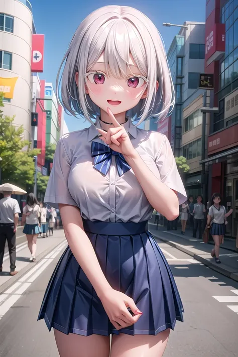 <lora:whiteeyelash_v080:1.5>
insanely detailed, absurdres, ultra-highres, ultra-detailed, best quality,
1girl, solo, nice hands, perfect hands,
BREAK
summer school uniform with indigo blue bowtie, (short sleeves, dark blue skirt, pleated skirt:1.3), (indigo blue:1.3) bowtie, (white shirt:1.3), shirt with white button, (skirt with many pleats:1.4), plain shirt, plain skirt, (striped bowtie:1.3), shirt_tucked_in
BREAK
happy smile, laugh, open mouth, standing,
(45 angle:-1.5), (from side:-1.5),
cute pose, cowboy shot,
BREAK
slender, kawaii, perfect symmetrical face, ultra cute girl, ultra cute face, ultra detailed eyes, ultra detailed hair, ultra cute, ultra beautiful,
BREAK
in harajuku, shibuya, tokyo, street, crowd, cityscape,
BREAK
medium large breasts,
(white hair, red eyes)