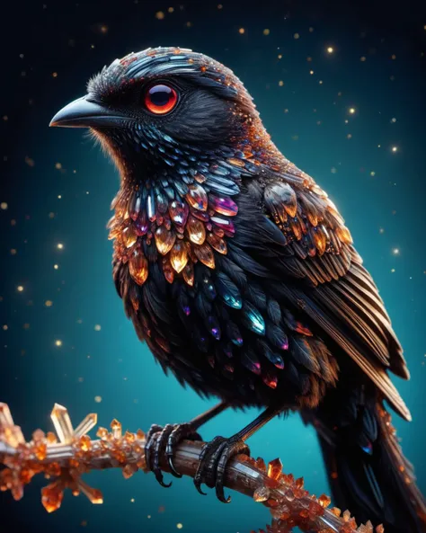 a Long-tailed Widowbird bird with colorful glowing eyes, intricate details, highly detailed, <lora:crystalz:1> crystalz