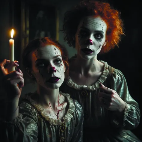 a backlit clown looking at himself in a broken shattered mirror. the clown is holding a candle. the mirror is floor length,glass cracked broken mirror shattered. dark room moody natural lighting,by m ansin ernst,cinematic lighting,detailed,8k,<lora:add-detail-xl:1.6> crystalz <lora:crystalz-sdxl:0.7> DonMn1ghtm4reXL <lora:DonMn1ghtm4reXL:0.6>