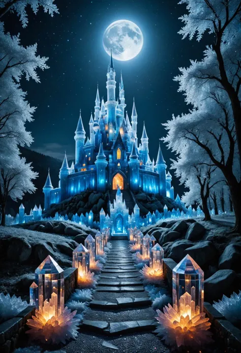 (castle made of crystals), pathway to main castle gate, hilltop, high fantasy world, night, moon, dramatic ice blue lighting, crystalz, <lora:crystalz:1>