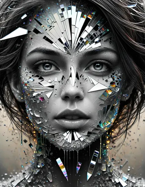 intricate background, Luminous ("Through shattered mirrors of memories, reflections of a soul emerge, fragmented yet beautiful.":1.3) , city, abstract art, designed by Loui Jover, Mixed media art, ink drawings on vintage paper, emotive and expressive portraits, dripping ink technique, symmetry, <lora:crystalz:0.9> made out of crystalz, highly enhanced, shiny, stunning detail, dynamic dramatic atmosphere