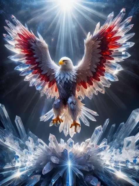 crystal eagle, sprad wings, american flag background, god rays from above, full body shot, crystalz <lora:crystalz:1>