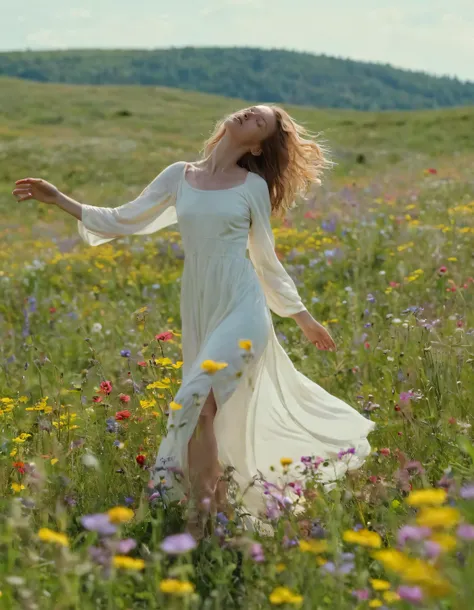 In this spontaneous scene, a confident, stylish woman adorned in a mesmerizingly off-white dress flows gracefully amidst the lively meadow teeming with vibrant wildflowers, capturing our attention from an intimate close-up perspective as she strikes a pose to celebrate life and nature's harmonious dance together. Daha <lora:vxvtmm18f6297e294n646:1>